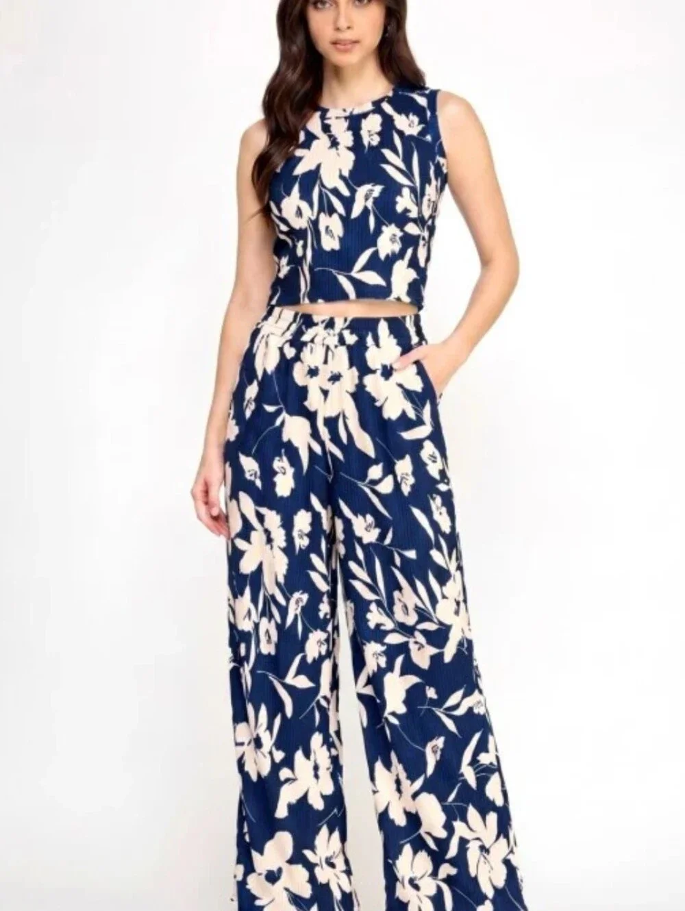 Crinkle Crop Top & Pants Set Floral Sleeveless Wide-Leg Casual Outfit Size L